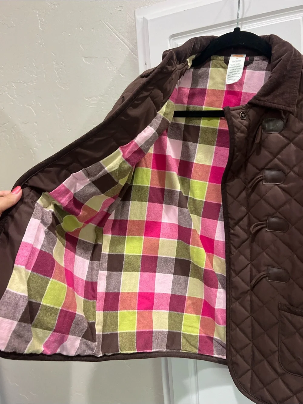 Kids Quilted Brown Toggle Jacket with Plaid Lining, Equestrian jacket girls